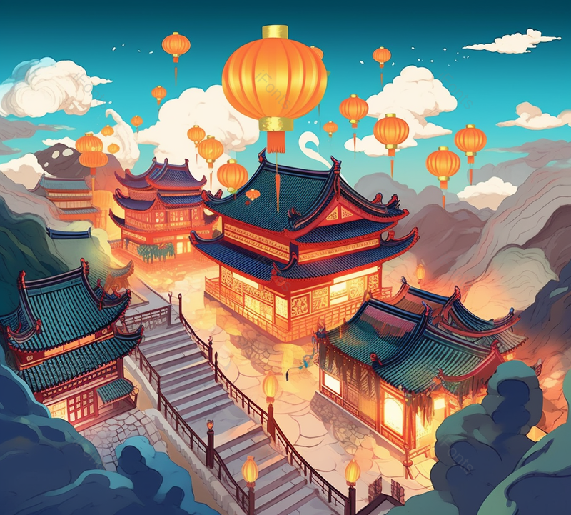 阶梯灯笼飞升国风古代繁华建筑傍晚祥云壮观新中式插画,插画/手绘图,插画/手绘图库,插画/手绘图下载,插画/手绘